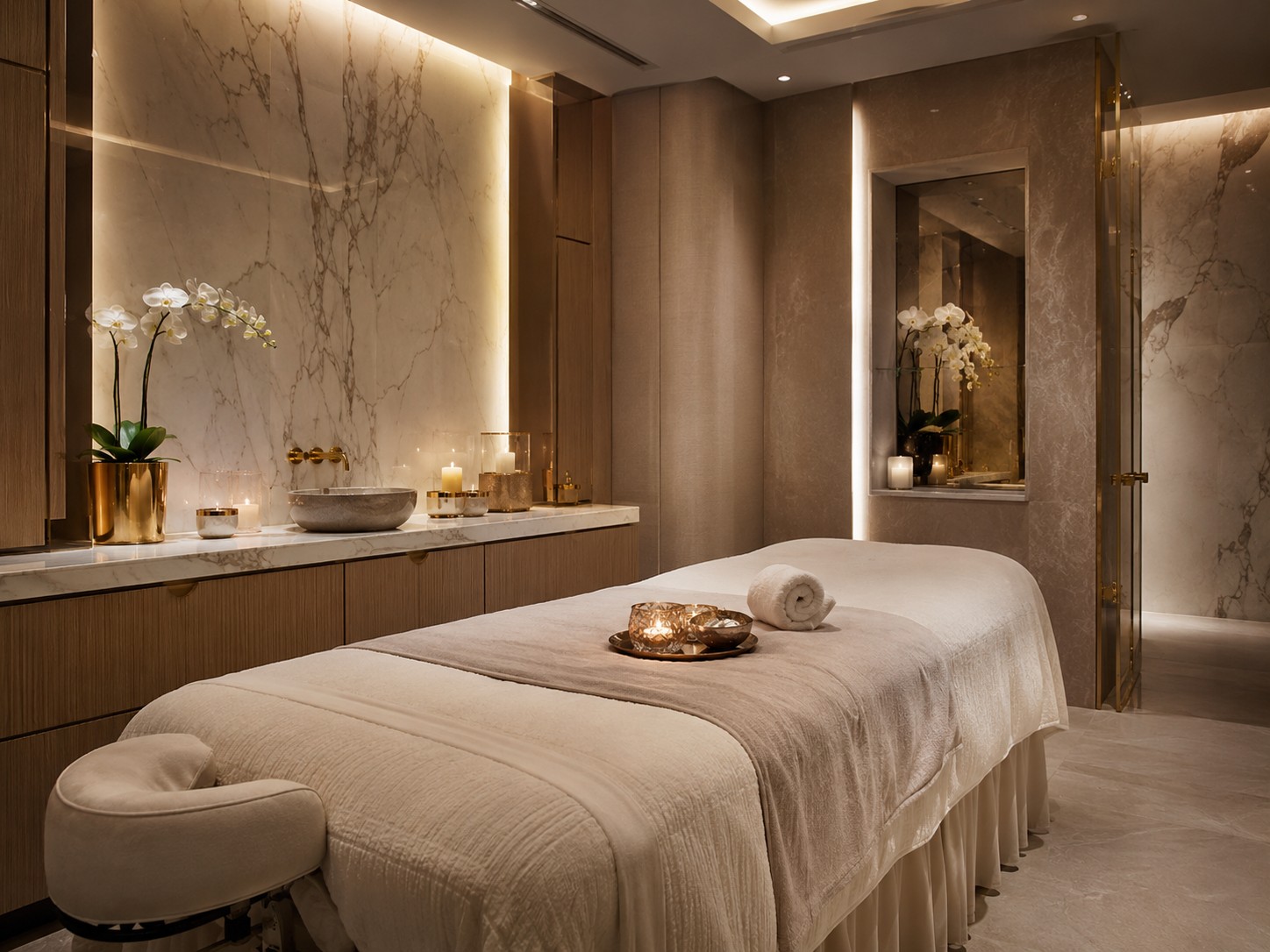 身體 SPA 房，大理石與燭光的精緻療程空間